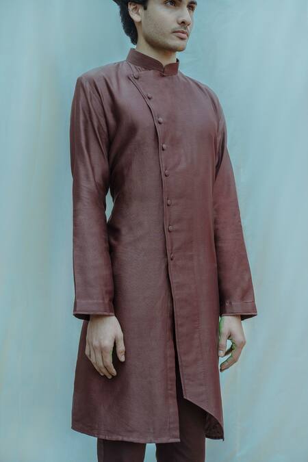 Bohame_Brown Chanderi Silk Overlap Kurta Set_Online_at_Aza_Fashions