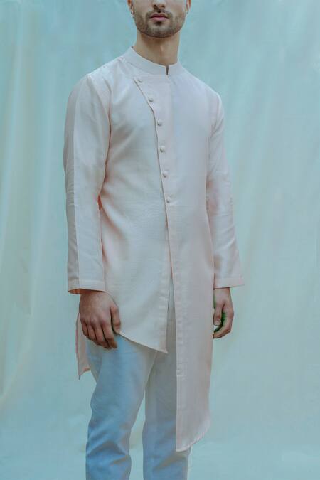 Bohame_Peach Chanderi Silk Overlap Kurta Set_Online_at_Aza_Fashions
