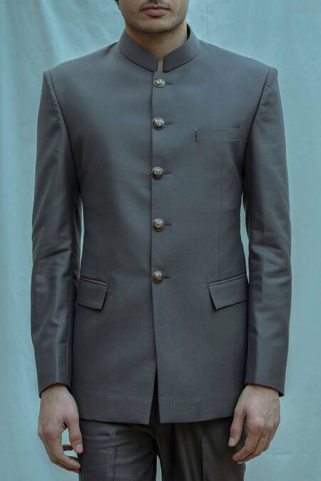 Bohame_Grey Poplin, Suiting Bandhgala Pant Set_Online_at_Aza_Fashions