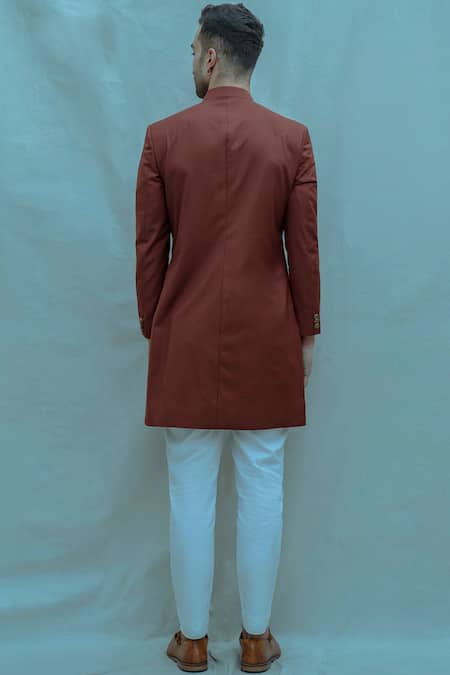 Shop_Bohame_Brown Bandhgala Suiting, Poplin Pants Cotton Linen Set _at_Aza_Fashions