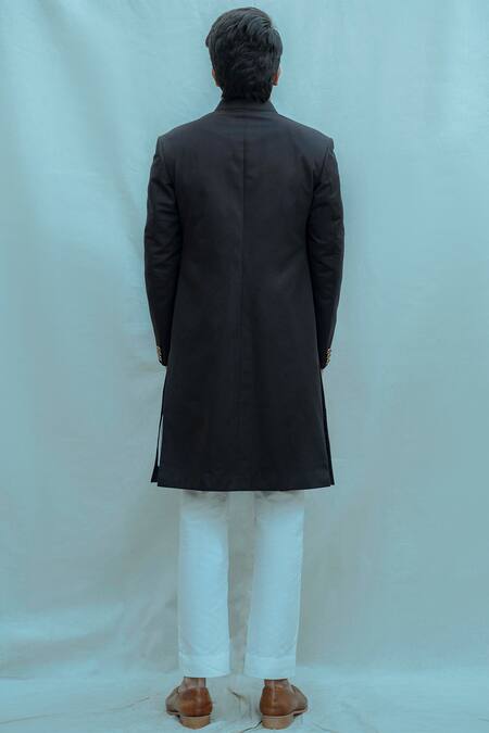 Shop Bohame Black Bandhgala Suiting Kurta Poplin Pants Cotton Linen Set at Aza Fashions Shop_Bohame_Black Bandhgala Suiting Kurta Poplin Pants Cotton Linen Set_at_Aza_Fashions