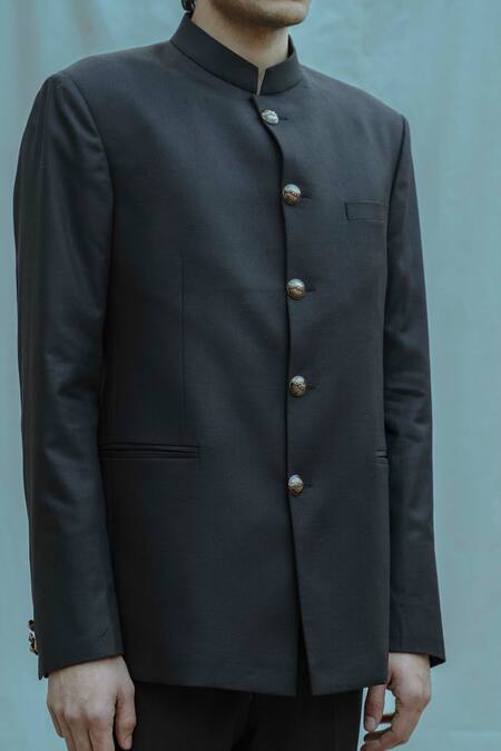 Bohame_Black Poplin, Suiting Bandhgala Pant Set_Online_at_Aza_Fashions