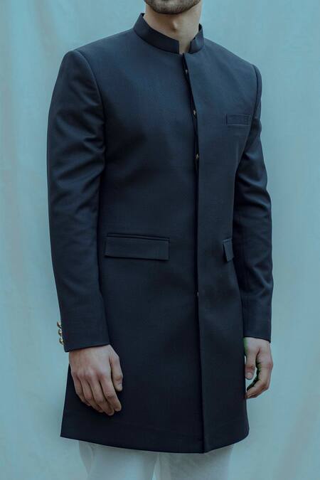 Bohame_Blue Bandhgala Suiting Kurta Poplin Pants Cotton Linen Set_Online_at_Aza_Fashions