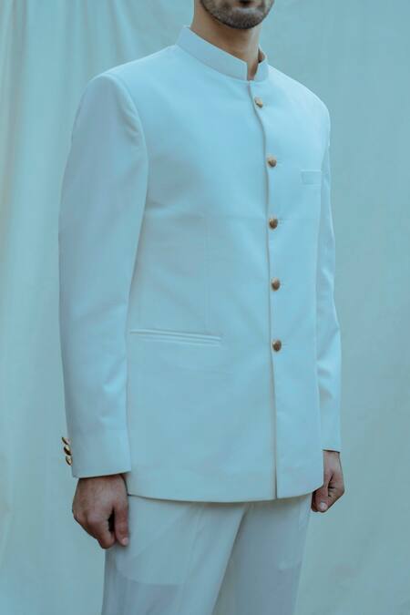 Bohame_White Poplin, Suiting Bandhgala Pant Set_Online_at_Aza_Fashions