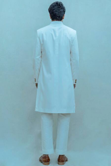 Shop Bohame White Bandhgala Suiting Kurta Poplin Pants Cotton Linen Set at Aza Fashions Shop_Bohame_White Bandhgala Suiting Kurta Poplin Pants Cotton Linen Set_at_Aza_Fashions