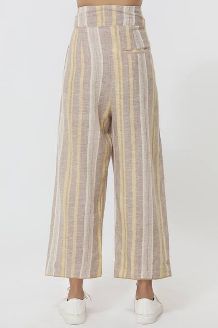 Anavila_Yellow Striped Linen Pants_Online_at_Aza_Fashions