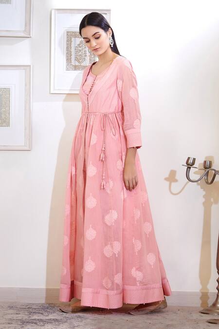 Shop Shyam Narayan Prasad Pink Chanderi Angrakha Anarkali Set Online at Aza Fashions Shop_Shyam Narayan Prasad_Pink Chanderi Angrakha Anarkali Set_Online_at_Aza_Fashions