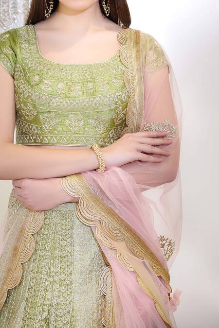 Shop_Shyam Narayan Prasad_Green Silk And Viscose Round Lehenga Set _Online_at_Aza_Fashions