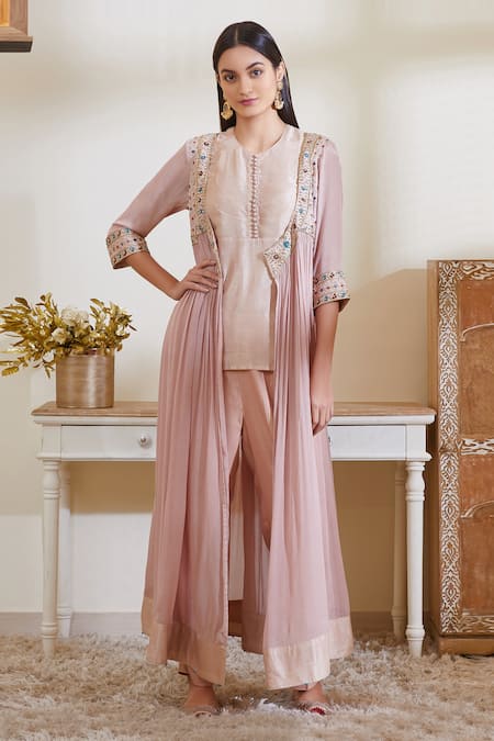 Buy_Shyam Narayan Prasad_Pink Silk And Viscose Chinon Inner Roundanarkali V Neck Angrakha Set _Online_at_Aza_Fashions