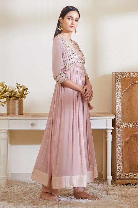 Shyam Narayan Prasad_Pink Silk And Viscose Chinon Inner Roundanarkali V Neck Angrakha Set _Online_at_Aza_Fashions