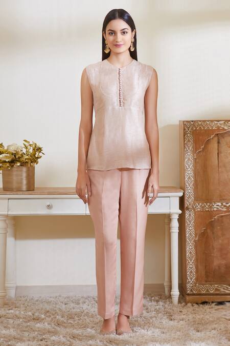 Shop_Shyam Narayan Prasad_Pink Silk And Viscose Chinon Inner Roundanarkali V Neck Angrakha Set _Online_at_Aza_Fashions