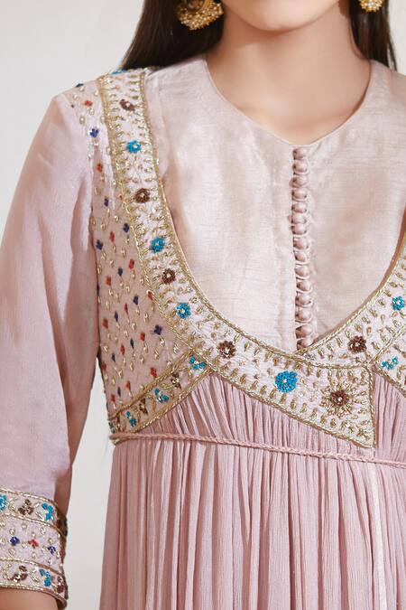 Shyam Narayan Prasad_Pink Silk And Viscose Chinon Inner Roundanarkali V Neck Angrakha Set _at_Aza_Fashions