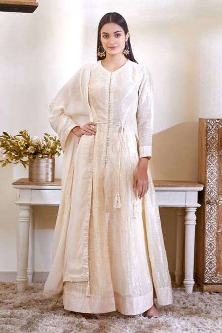 Shyam Narayan Prasad White Chanderi Anarkali Set