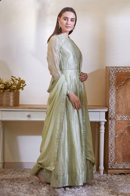 Shyam Narayan Prasad Green Chanderi Anarkali Set Online at Aza Fashions Shyam Narayan Prasad_Green Chanderi Anarkali Set_Online_at_Aza_Fashions
