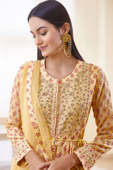 Shyam Narayan Prasad_Yellow Silk Printed Anarkali Set_at_Aza_Fashions