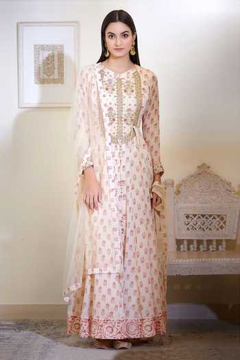 Buy Shyam Narayan Prasad Off White Silk, Flat Chiffon, Satin Georgette Round Anarkali Set Online at Aza Fashions Buy_Shyam Narayan Prasad_Off White Silk, Flat Chiffon, Satin Georgette Round Anarkali Set _Online_at_Aza_Fashions