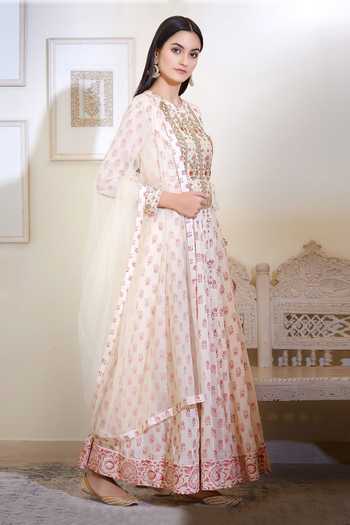 Shyam Narayan Prasad Off White Silk, Flat Chiffon, Satin Georgette Round Anarkali Set Online at Aza Fashions Shyam Narayan Prasad_Off White Silk, Flat Chiffon, Satin Georgette Round Anarkali Set _Online_at_Aza_Fashions