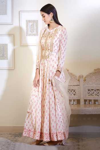 Shop Shyam Narayan Prasad Off White Silk, Flat Chiffon, Satin Georgette Round Anarkali Set Online at Aza Fashions Shop_Shyam Narayan Prasad_Off White Silk, Flat Chiffon, Satin Georgette Round Anarkali Set _Online_at_Aza_Fashions