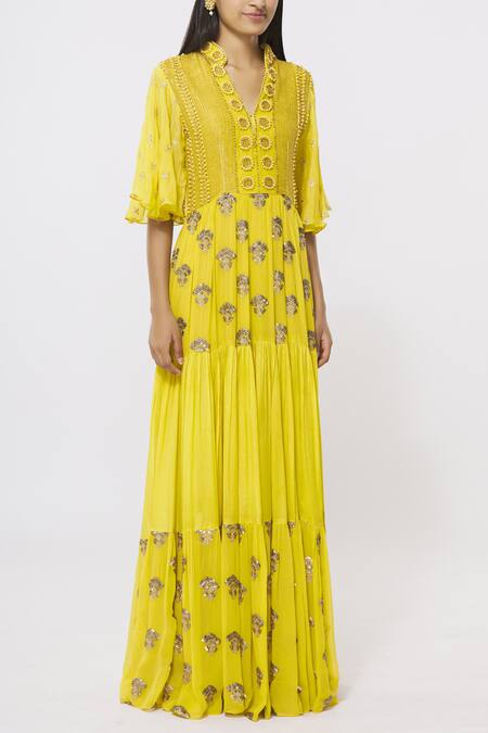 Rriso_Yellow Georgette, Chinnon Notched Embellished Maxi Dress _Online_at_Aza_Fashions