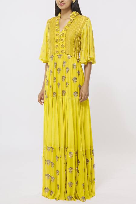 Buy_Rriso_Yellow Georgette, Chinnon Notched Embellished Maxi Dress _Online_at_Aza_Fashions