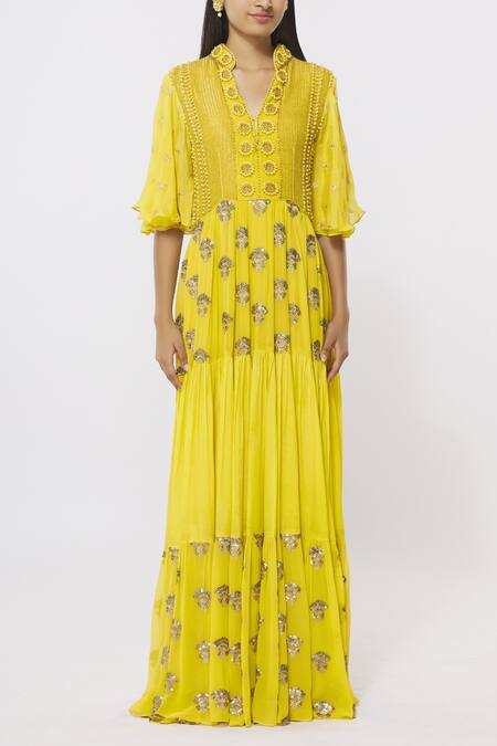 Shop_Rriso_Yellow Georgette, Chinnon Notched Embellished Maxi Dress _Online_at_Aza_Fashions