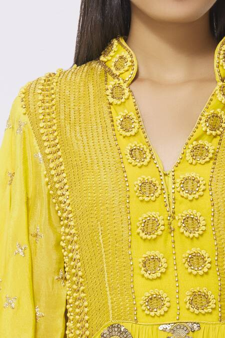 Rriso_Yellow Georgette, Chinnon Notched Embellished Maxi Dress _at_Aza_Fashions