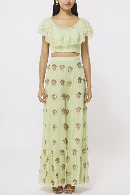Buy_Rriso_Green Georgette V Neck Embellished Top Palazzo Set_Online_at_Aza_Fashions