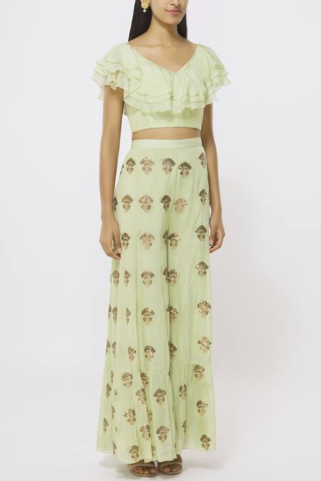Rriso_Green Georgette V Neck Embellished Top Palazzo Set_Online_at_Aza_Fashions