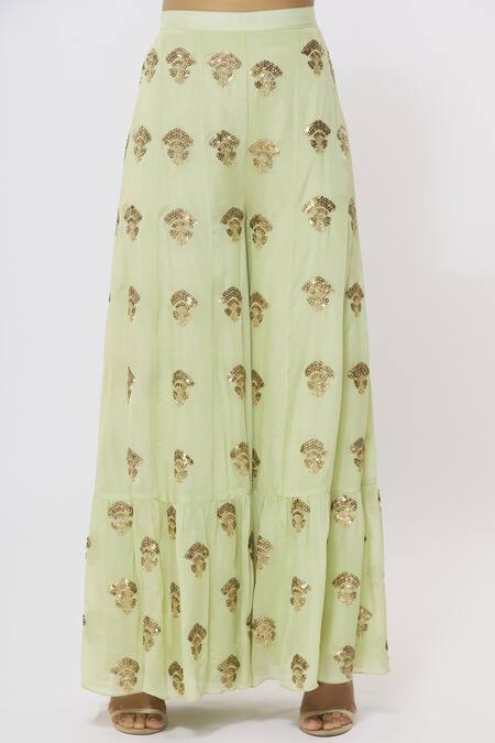 Shop_Rriso_Green Georgette V Neck Embellished Top Palazzo Set_Online_at_Aza_Fashions