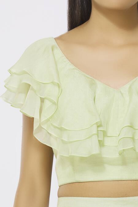 Rriso_Green Georgette V Neck Embellished Top Palazzo Set_at_Aza_Fashions