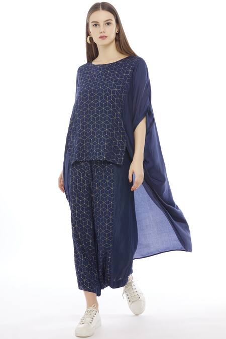 Ezra Blue Cotton Satin Embroidered Tunic