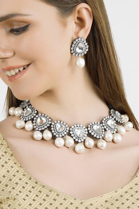 Shop_ChhavI'S Jewels_Silver Plated Pearls, Kundan, Crystals, Stones Choker Set_at_Aza_Fashions