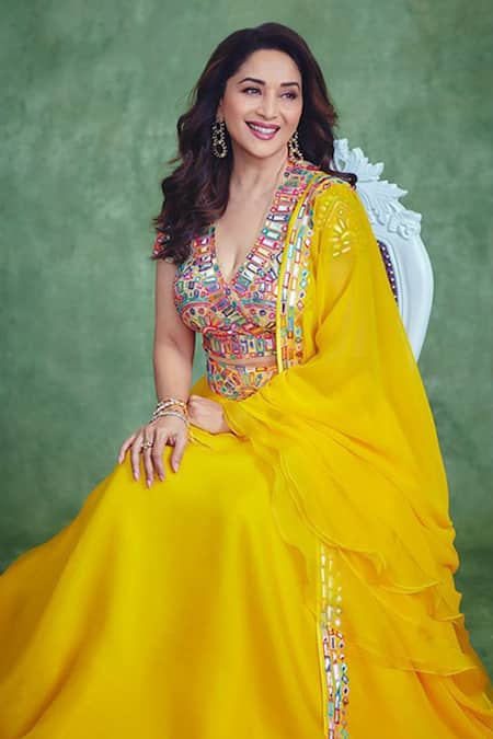 ASAL by Abu Sandeep Yellow Net Embroidery V Neck Lehenga Set 