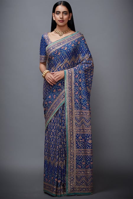 RI.Ritu Kumar Blue Chinon Silk Embroidered Saree 