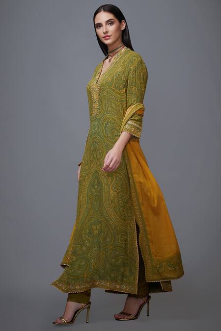 Buy RI.Ritu Kumar Green Silk Chinon V Neck Printed Kurta Set Online at Aza Fashions Buy_RI.Ritu Kumar_Green Silk Chinon V Neck Printed Kurta Set_Online_at_Aza_Fashions