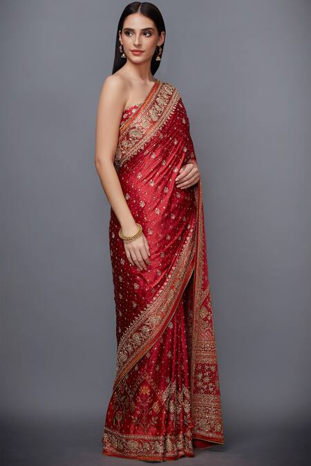 RI.Ritu Kumar_Red Satin Silk Embroidered Saree _Online_at_Aza_Fashions