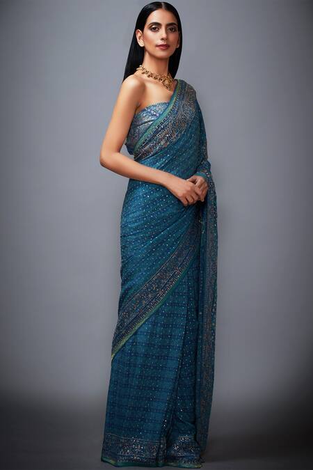 RI.Ritu Kumar_Blue Chinon Silk Printed Saree With Unstitched Blouse Fabric_Online_at_Aza_Fashions