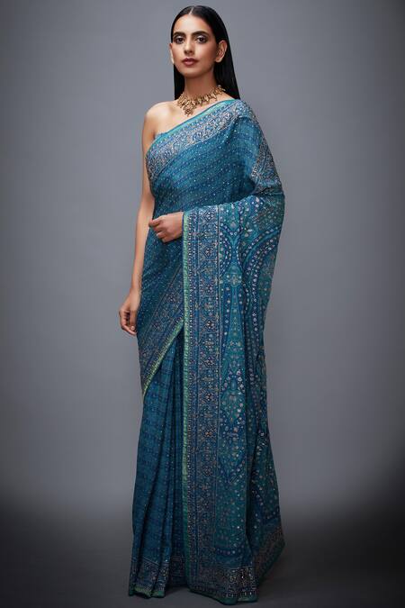 Buy_RI.Ritu Kumar_Blue Chinon Silk Printed Saree With Unstitched Blouse Fabric_Online_at_Aza_Fashions