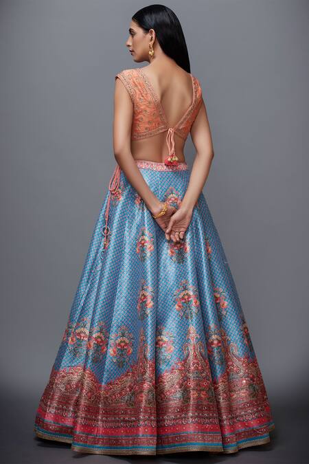 Shop RI.Ritu Kumar Blue Dupion V Neck Embellished Lehenga Set at Aza Fashions Shop_RI.Ritu Kumar_Blue Dupion V Neck Embellished Lehenga Set_at_Aza_Fashions