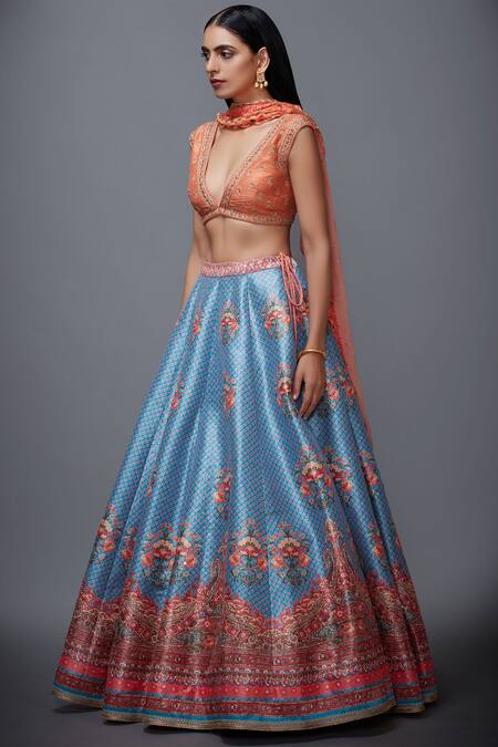 RI.Ritu Kumar Blue Dupion V Neck Embellished Lehenga Set Online at Aza Fashions RI.Ritu Kumar_Blue Dupion V Neck Embellished Lehenga Set_Online_at_Aza_Fashions