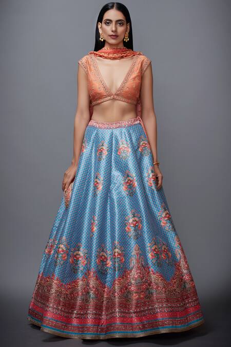 Buy RI.Ritu Kumar Blue Dupion V Neck Embellished Lehenga Set Online at Aza Fashions Buy_RI.Ritu Kumar_Blue Dupion V Neck Embellished Lehenga Set_Online_at_Aza_Fashions