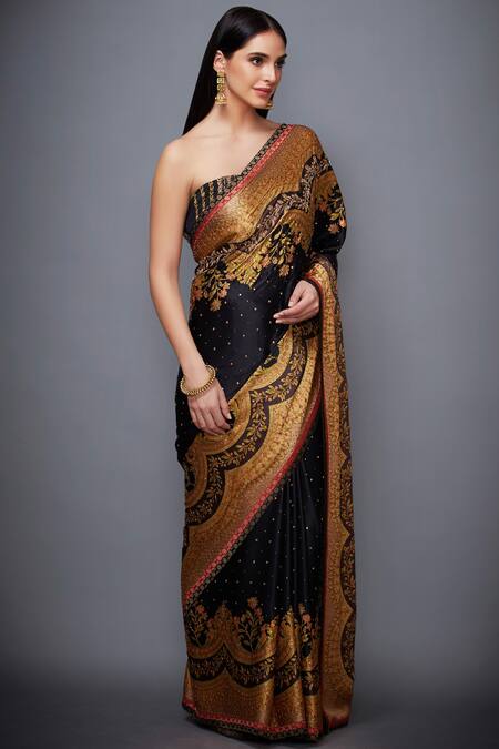 Shop_RI.Ritu Kumar_Black Satin Embroidered Saree_Online_at_Aza_Fashions