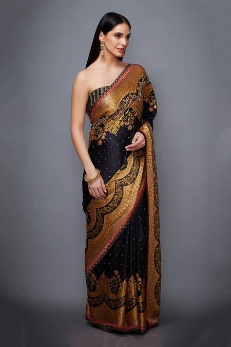 Buy_RI.Ritu Kumar_Black Satin Embroidered Saree