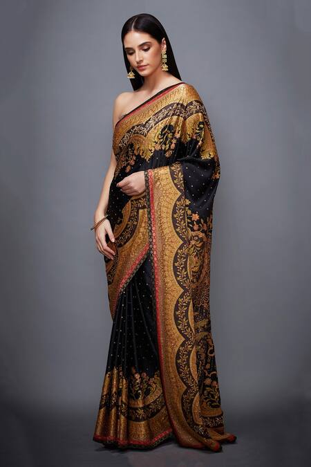 Shop_RI.Ritu Kumar_Black Satin Embroidered Saree