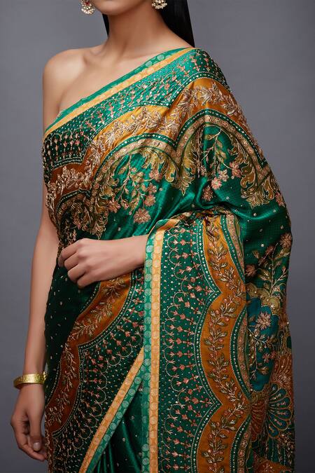 Shop_RI.Ritu Kumar_Green Satin Embroidered Saree_Online_at_Aza_Fashions