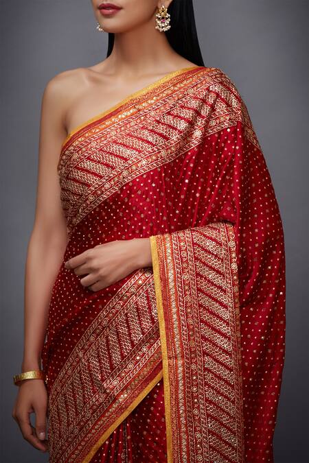 Buy_RI.Ritu Kumar_Red Silk Satin Embroidered Saree_Online_at_Aza_Fashions