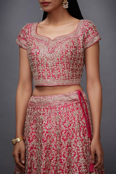 Shop_RI.Ritu Kumar_Pink Silk Satin Leaf Neck Embroidered Bridal Lehenga Set _Online_at_Aza_Fashions