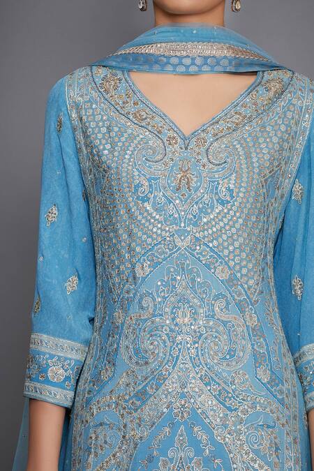 Shop_RI.Ritu Kumar_Blue Silk Chinon V Neck Embellished Kurta Skirt Set_Online_at_Aza_Fashions