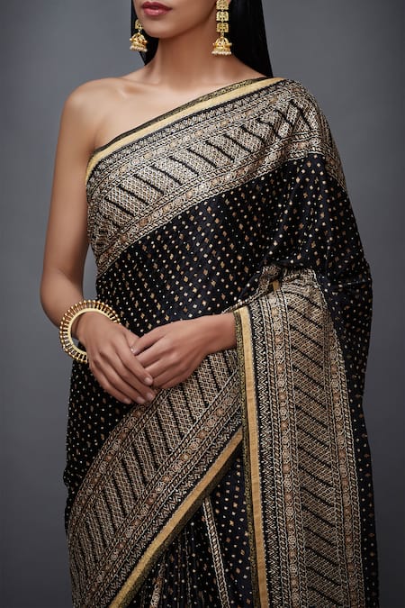 Buy_RI.Ritu Kumar_Black Silk Satin Embroidered Saree _Online_at_Aza_Fashions