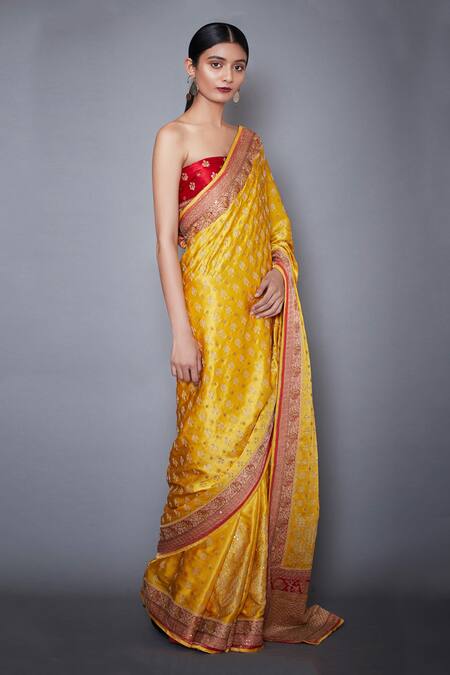 RI.Ritu Kumar_Yellow Silk Satin Embroidered Saree_Online_at_Aza_Fashions